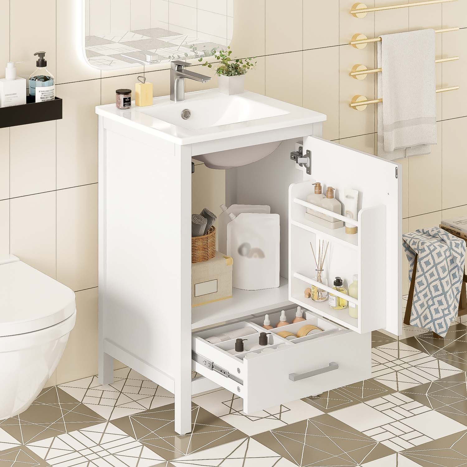 20″ Small Bathroom Vanity Ceramic Sink Combo Soft Close Storage Cabinet White