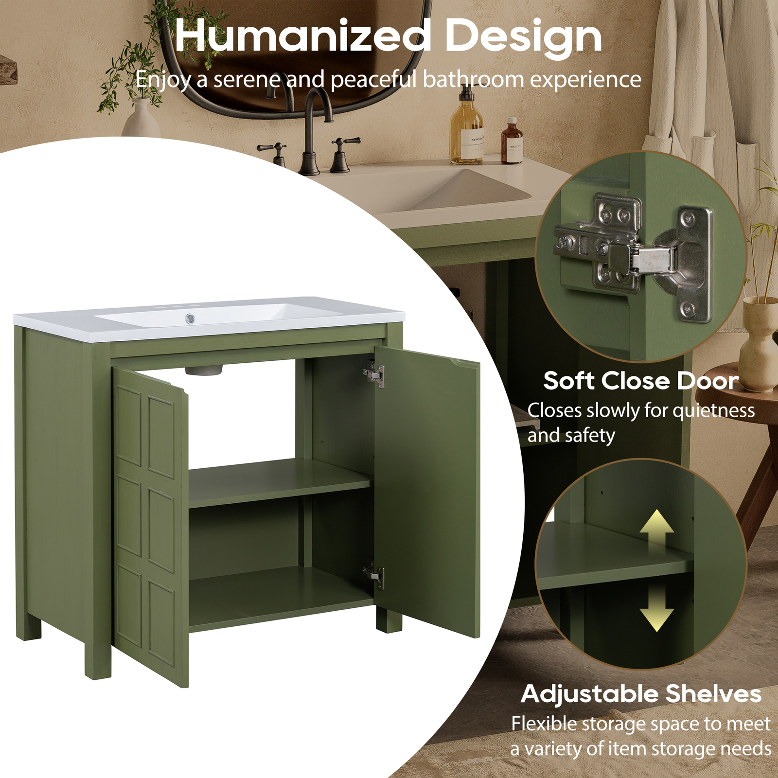 36″ Bathroom Vanity w/ Sink, Freestanding Vanity Storage Cabinet, 2 Doors, Shelf