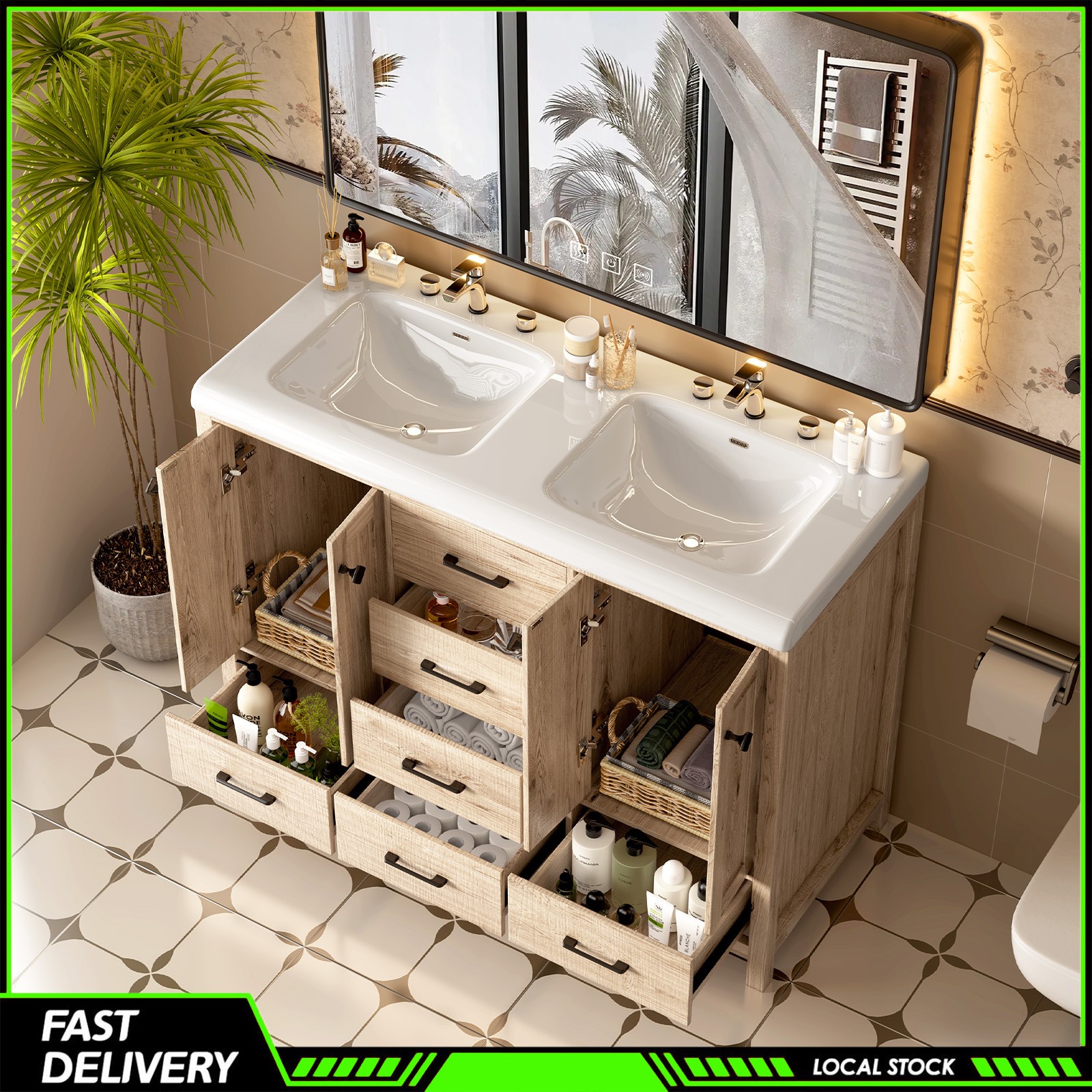Bathroom Vanity 47 Inch Double Ceramic Sinks Combo Storage Doors and Drawers
