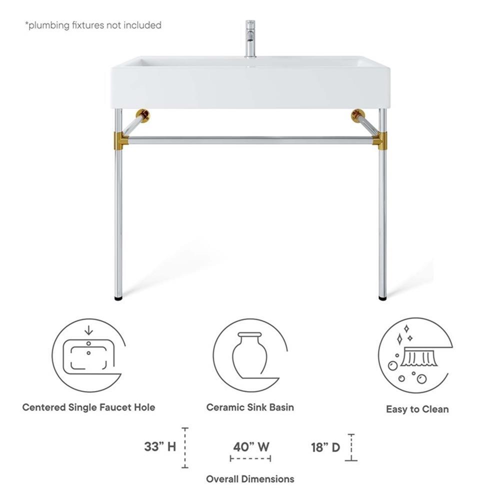 Modway Redeem 40″ Wall-Mount Stainless Steel Bathroom Vanity in Silver/White