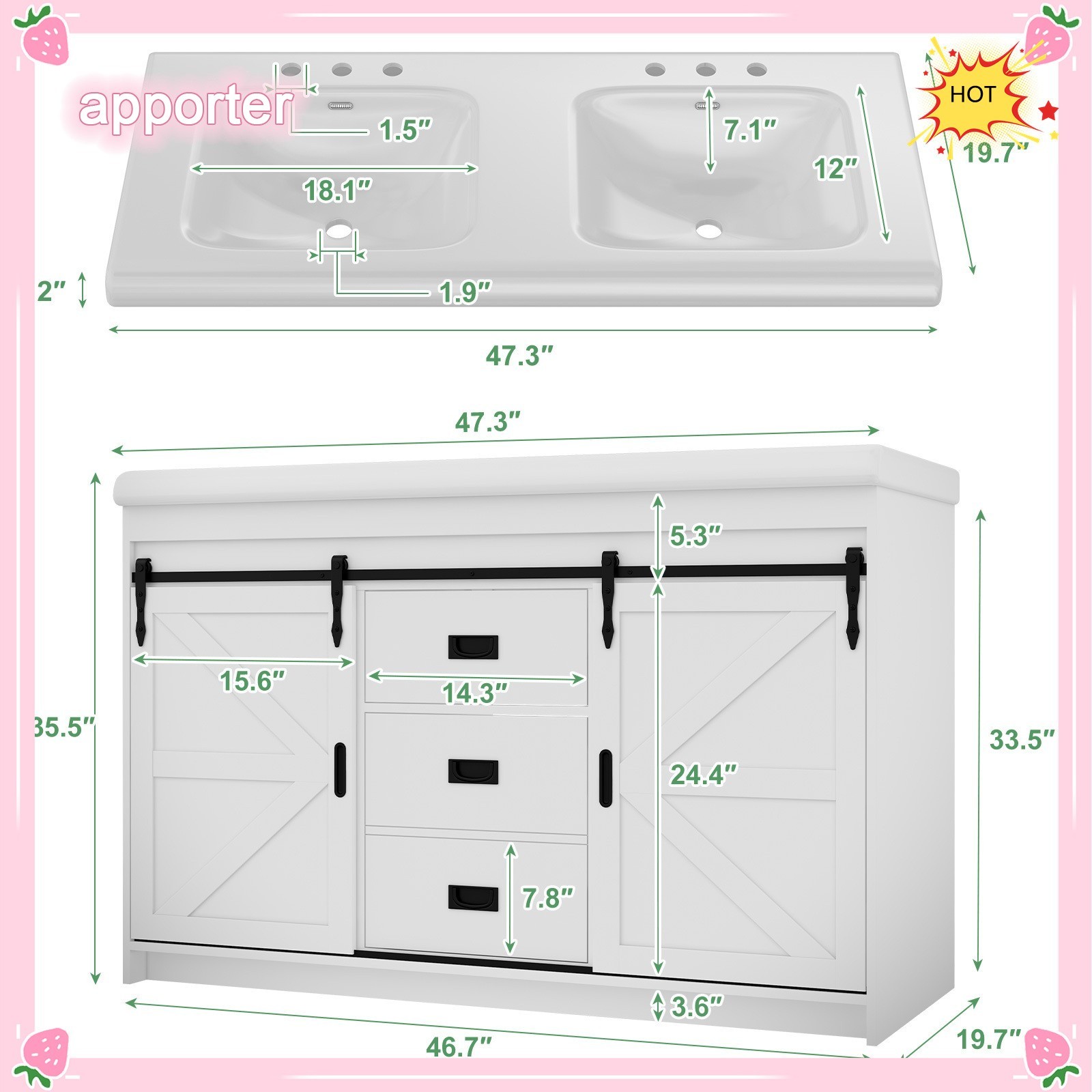 46″ Bathroom Vanity Double Sink, Freestanding Storage Vanity Cabinet & 2 Drawers