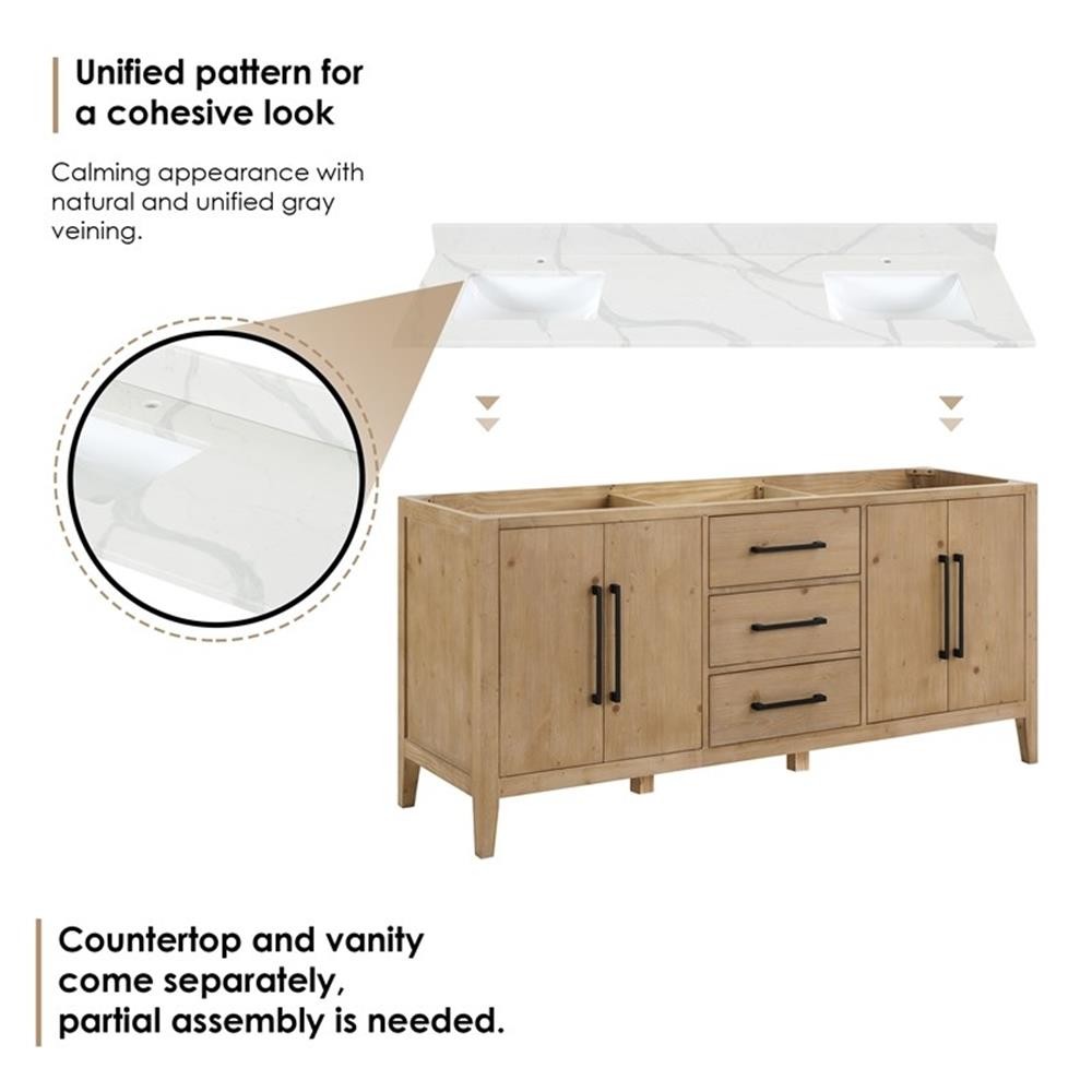 Laurel 72″ Wood Vanity in Weathered Fir Calacatta White Quartz Top no Mirror
