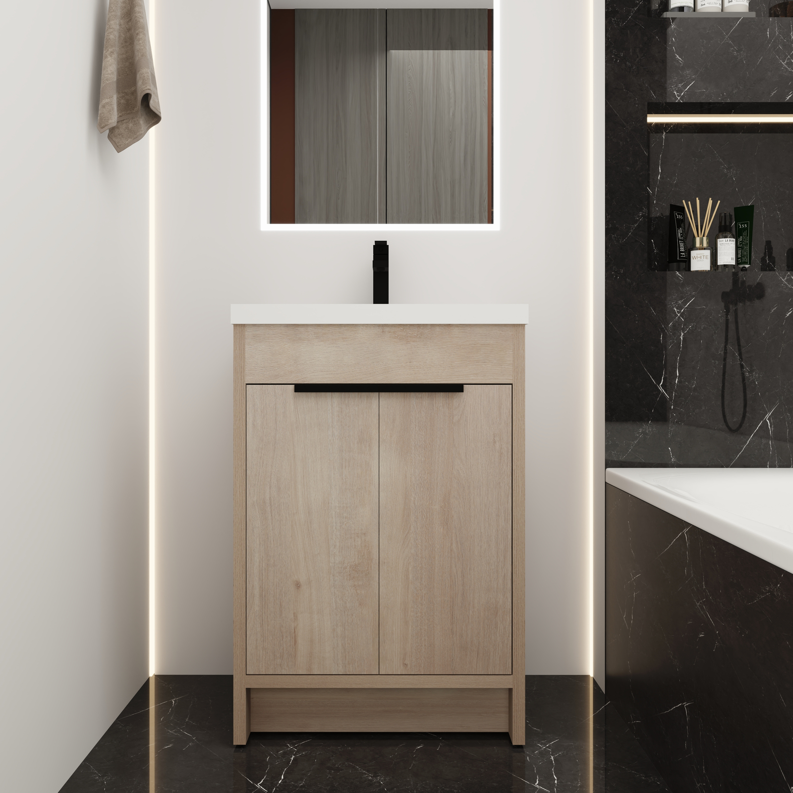 24″Free Standing Bathroom Vanity Cabinet W/Sink for Small Space Wooden Light Oak