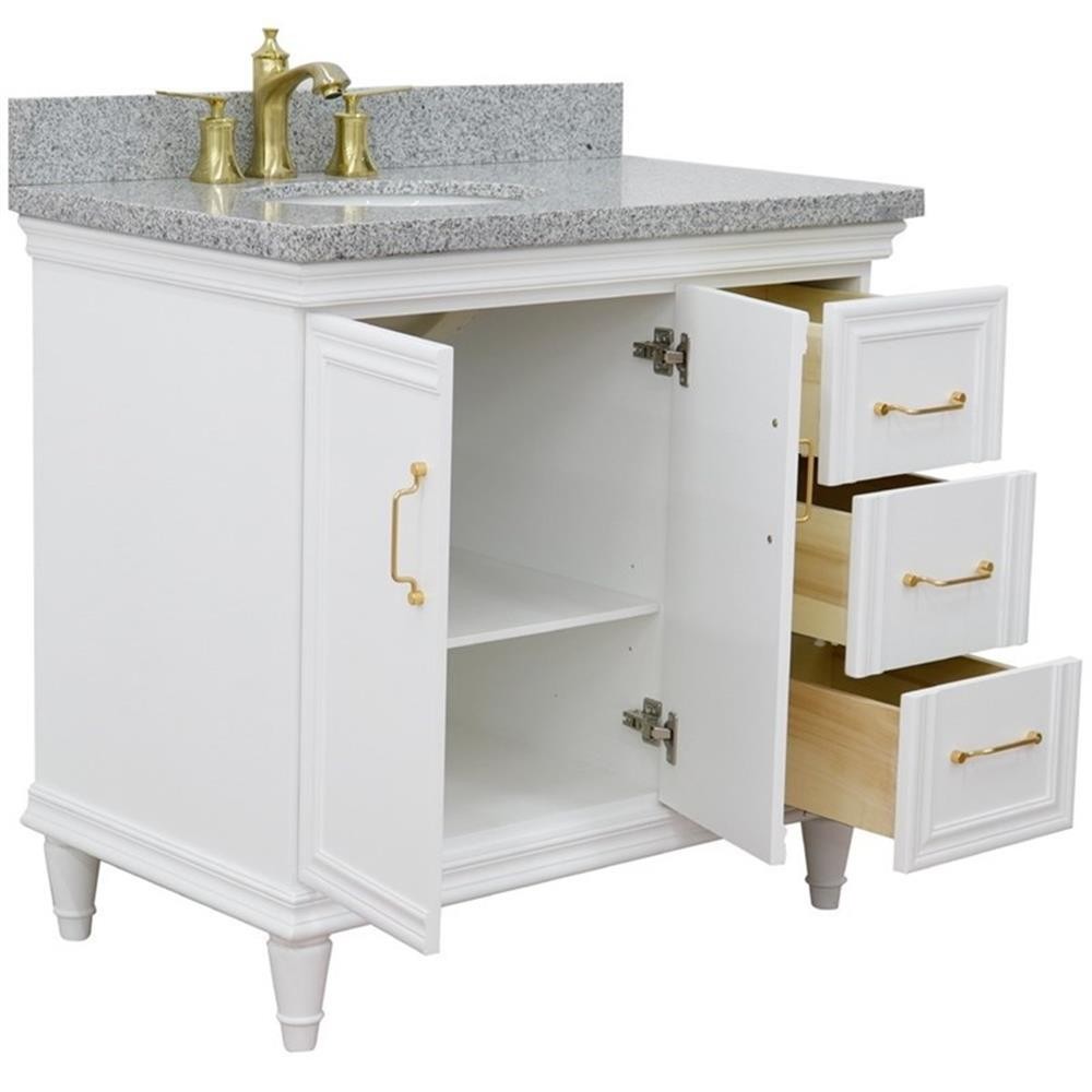 37 in. Single Wooden Vanity White Gray Granite Oval Left Door.Left Sink