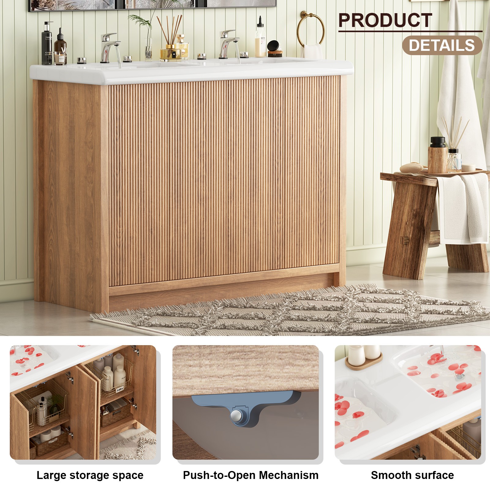 47.3″ Double Sink Bathroom Vanity Wood Grain Modern 2 Basin Storage Cabinet