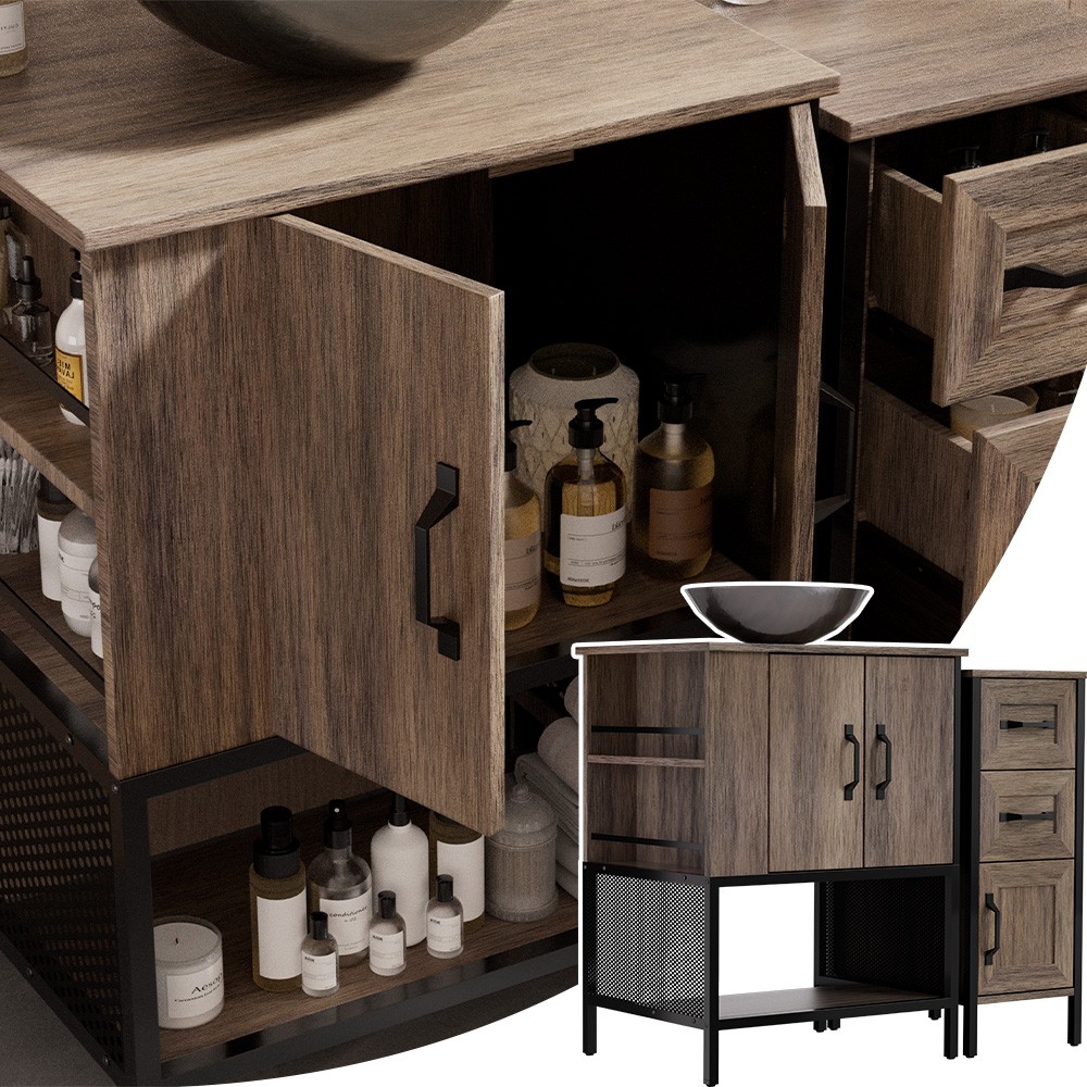 36” Modern Bathroom Vanity w/ Glass Sink Storage Iron Wood Cabinet 3Drawer Grey