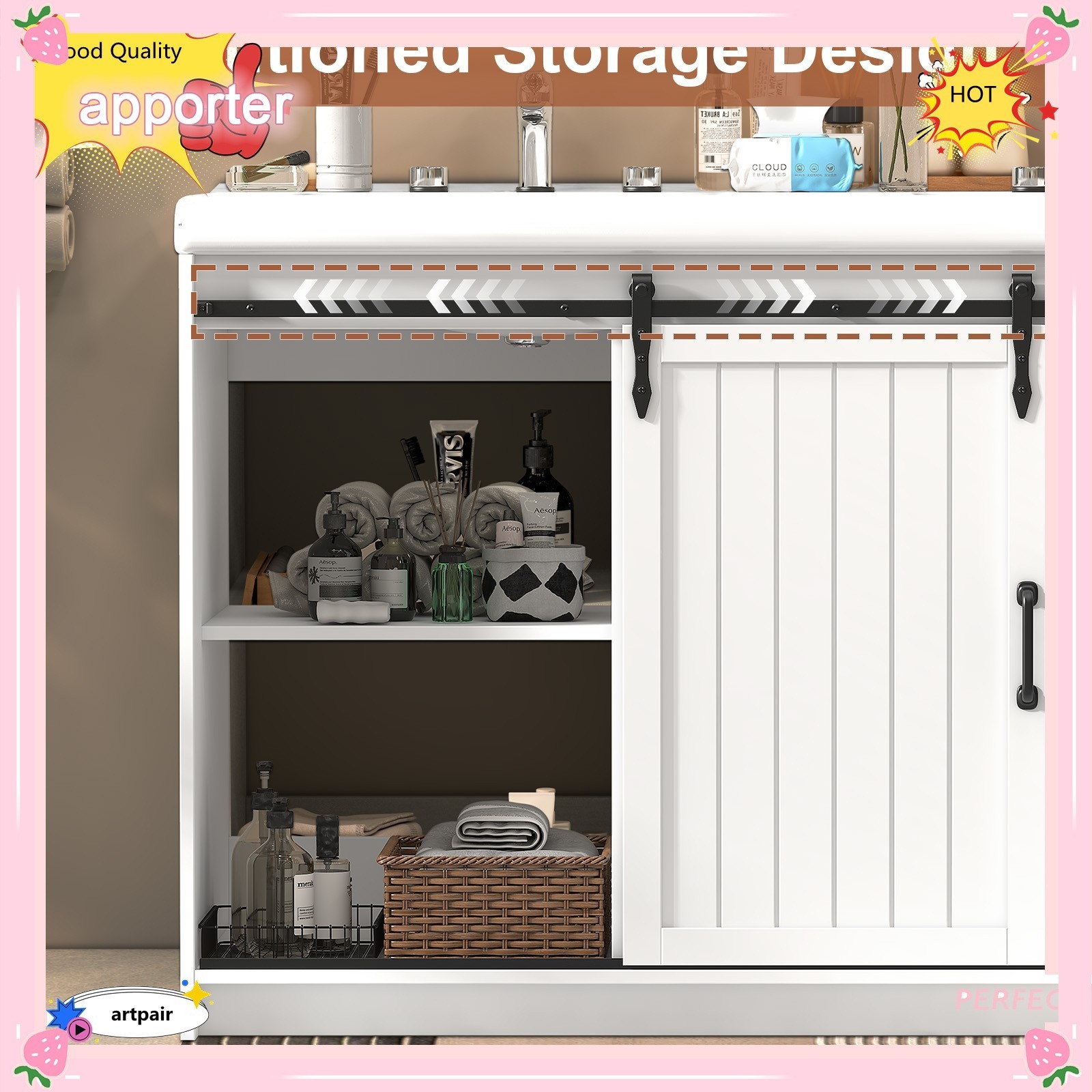 47″ Bathroom Vanity Cabinet Freestanding Storage Compartment + 2 Ceramic Sink
