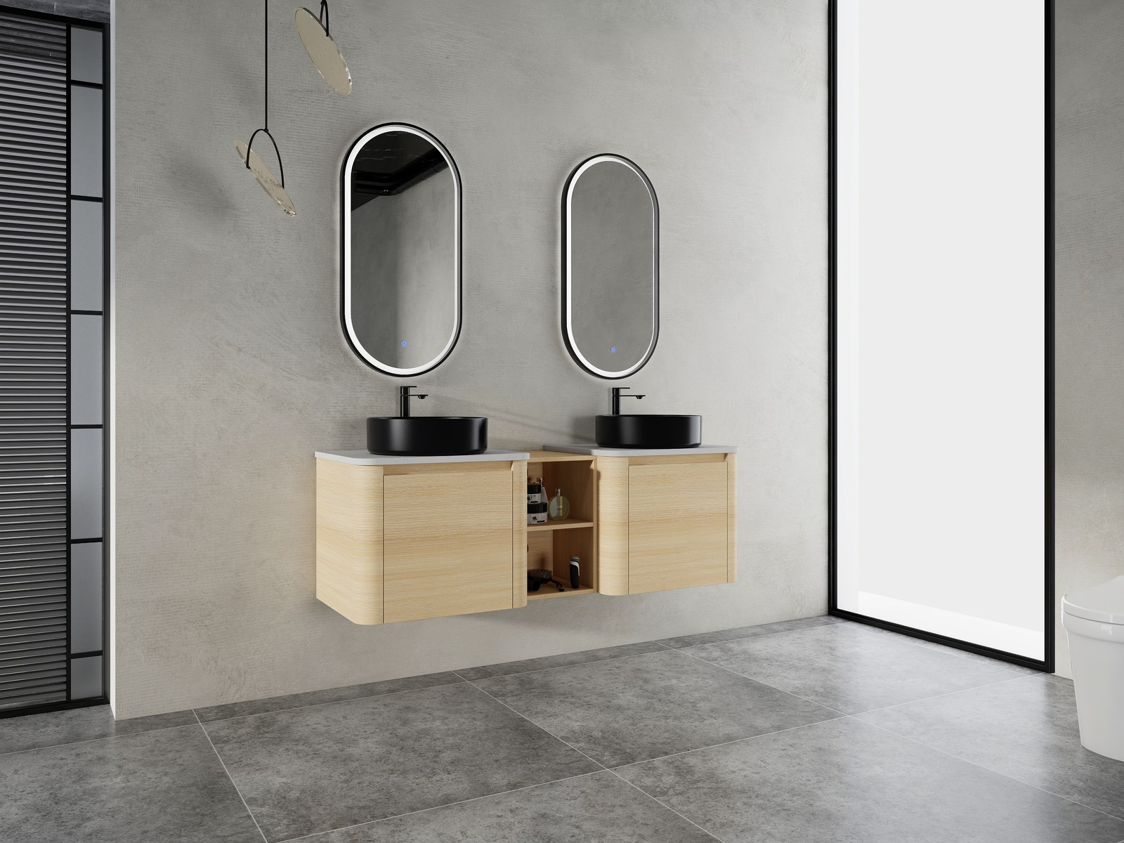 60 in Floating Bathroom Vanity Cabinet 2x Black Ceramic Sink Basin +Open Shelves
