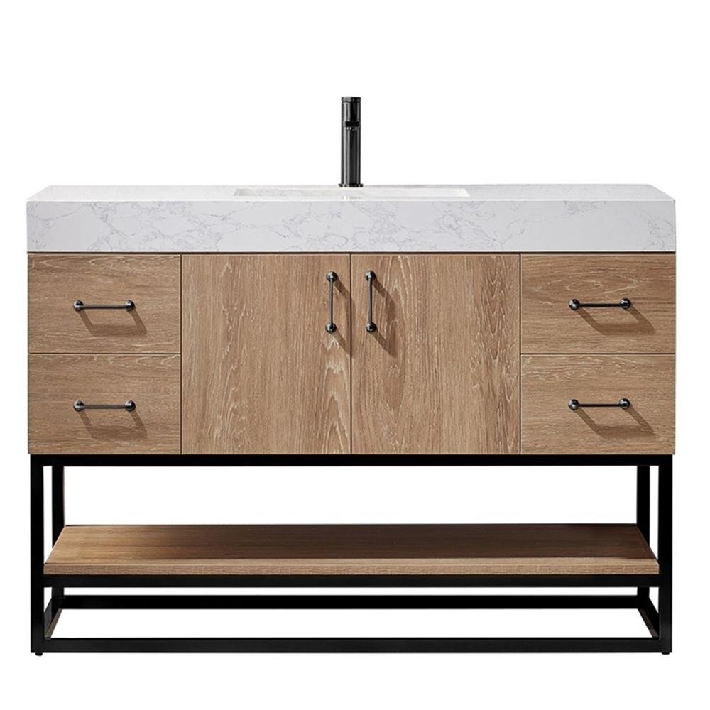 Pemberly Row 48″ White Stone Top Oak Single Vanity Black Frame w/o Mirror