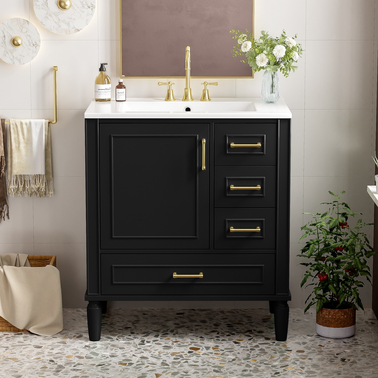 30″ Bathroom Vanity Set Floor Standing Bathroom Storage Cabinet w/Three Drawers