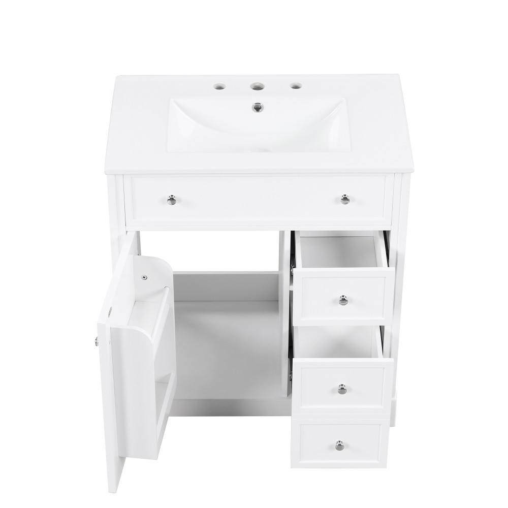 30 Inch White Bathroom Vanity with Ceramic Sink Top Solid Wood MDF Cabinet