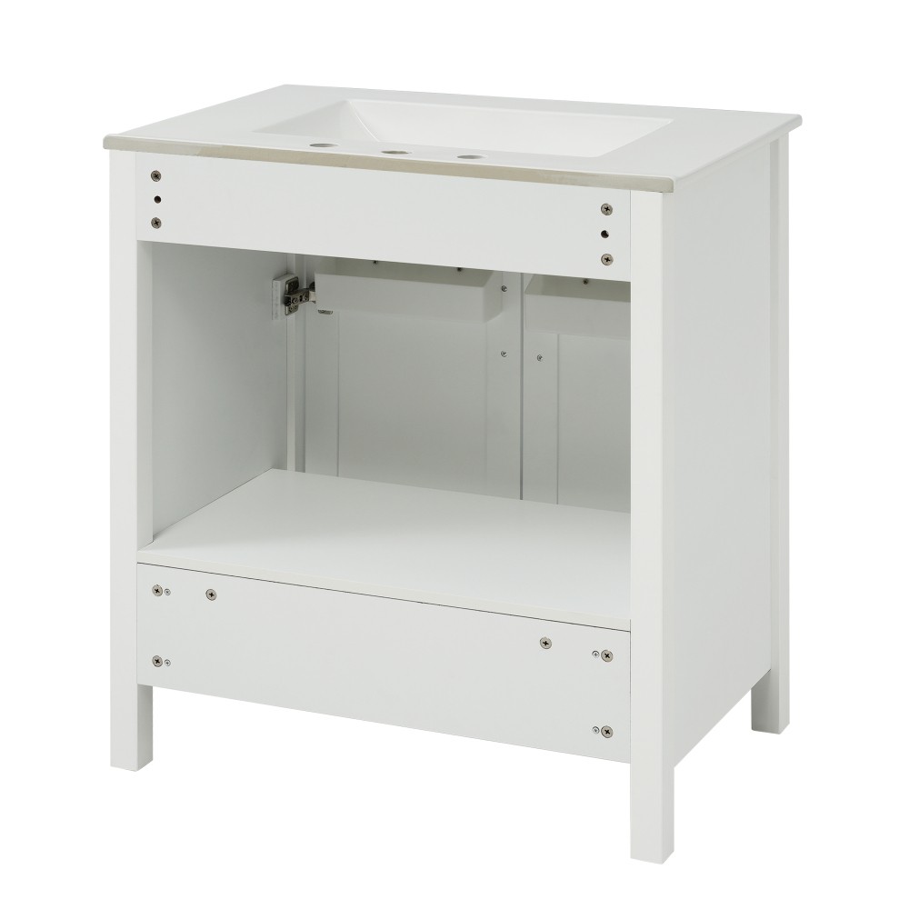 30″ Bathroom Vanity Ceramic Sink Soft Close 2 Door Drawer Silver Storage Cabinet