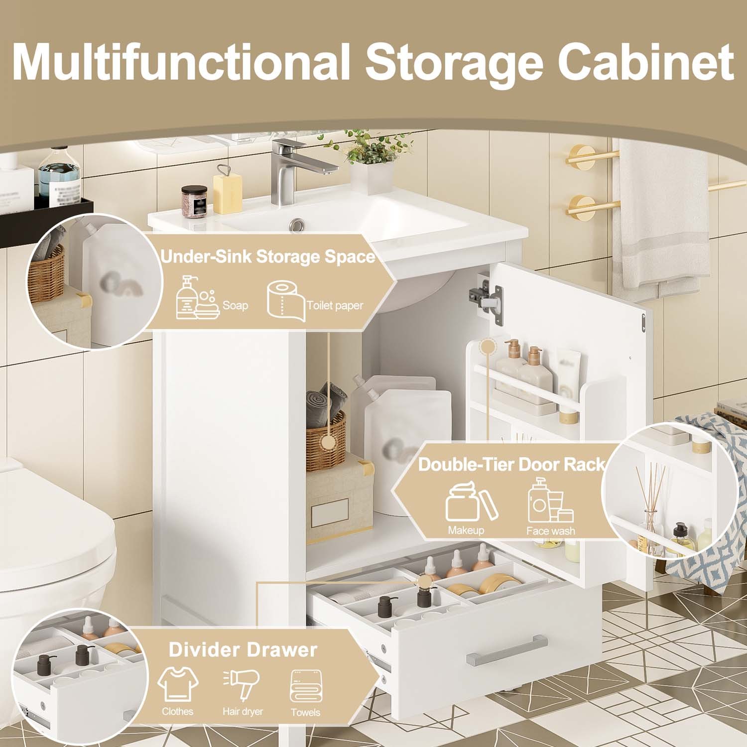 20″ Small Bathroom Vanity Ceramic Sink Combo Soft Close Storage Cabinet White