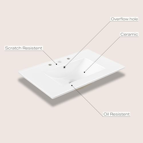 Classic Contemporary 30″ Rectangular Ceramic Vanity Top – 3-Hole Sink Basin, Whi