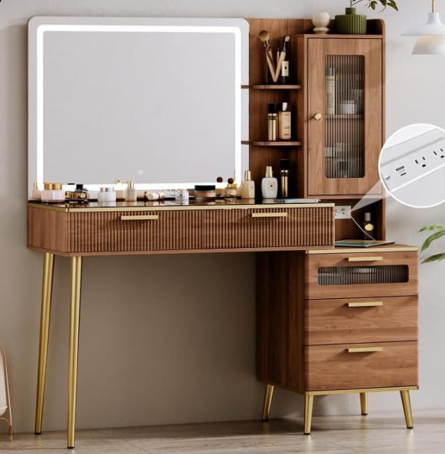 Vanity Desk Illuminated Mirror 5 Drawers Charging Station Makeup Table