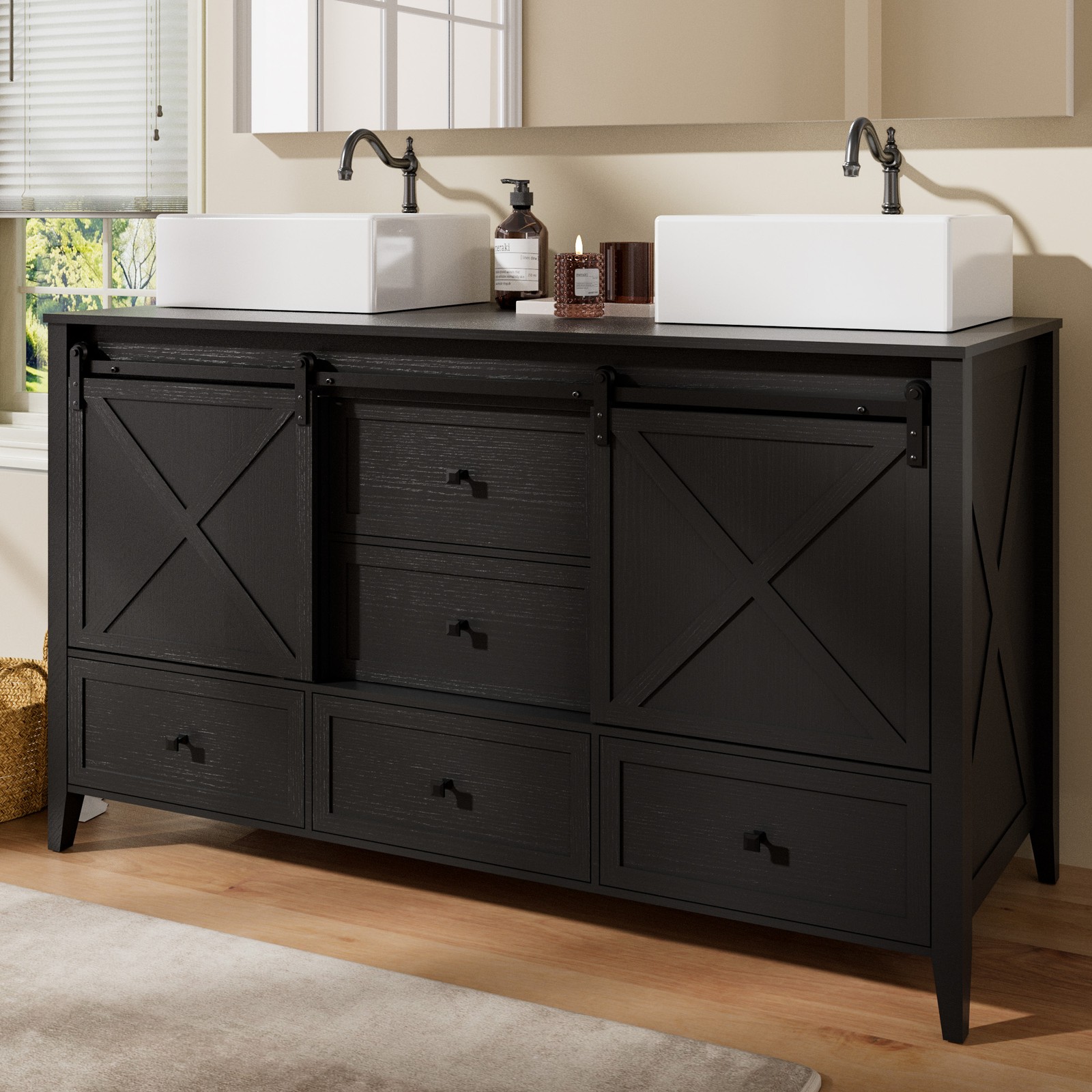 60inch Bathroom Vanity Set Double Sink Ceramic Freestanding Storage Cabinet Wood