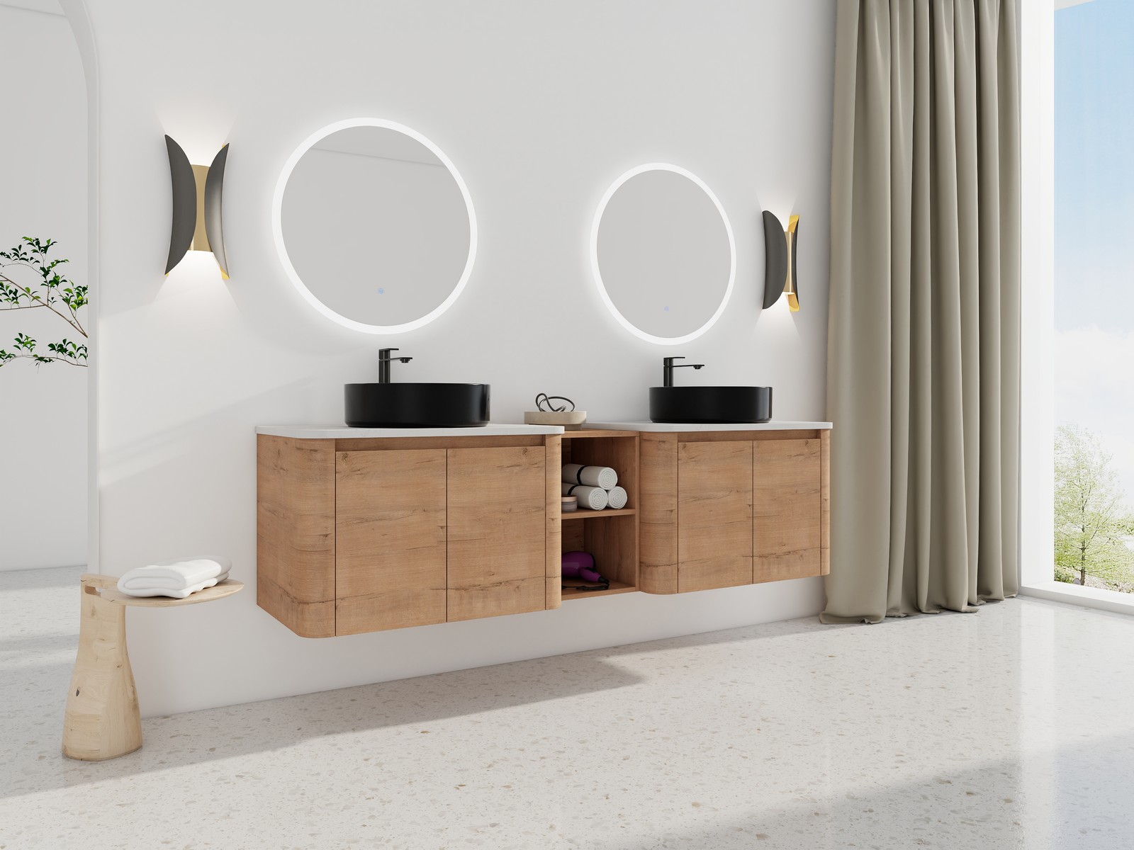 72″ Plywood Wall-Mounted Bathroom Vanity W/ Double Ceramic Black Sink + Shelves