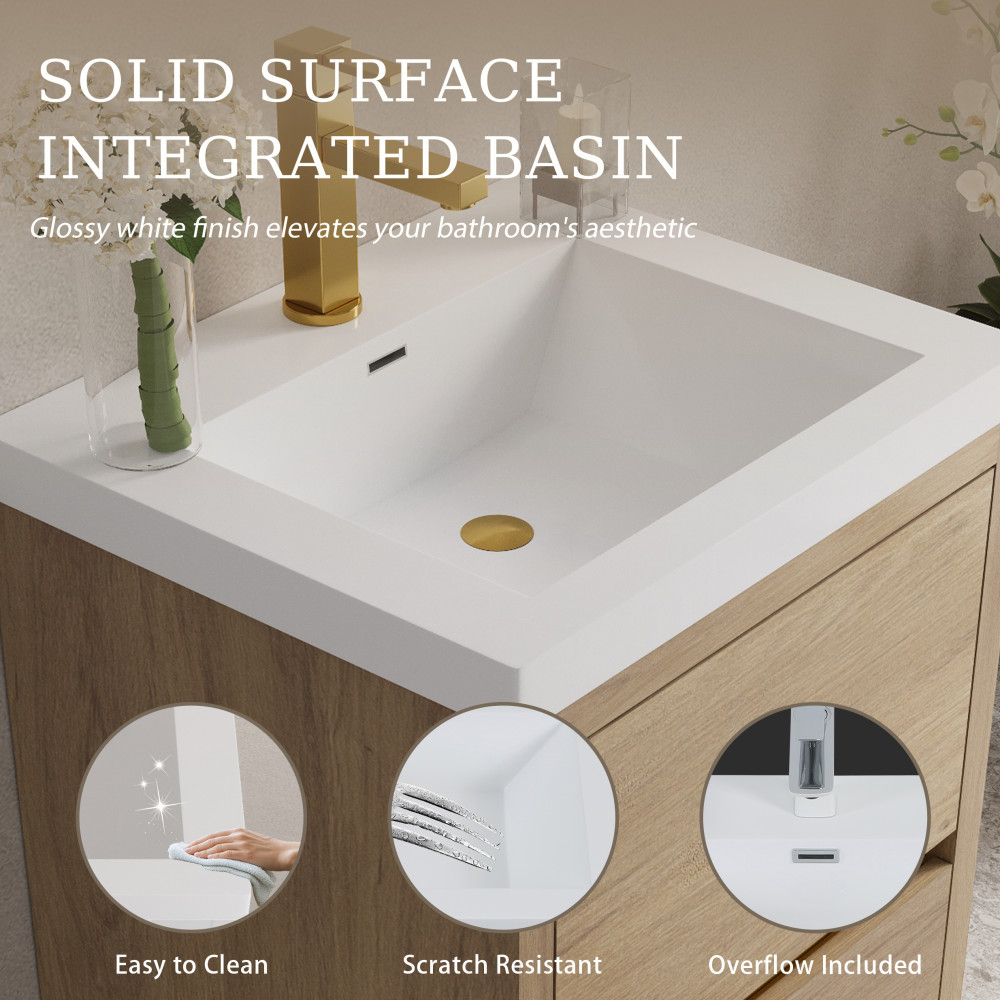 24″ Floating Bathroom Vanity with Sink, Soft Close Drawers, Natural Oak