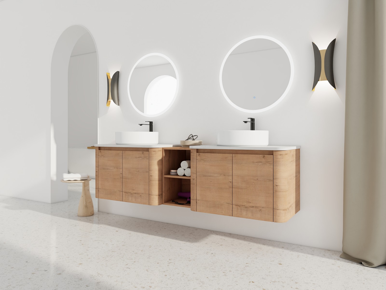 72in Wall-Mounted Bathroom Vanity W/ Double White Ceramic Basin Shelves Plywood