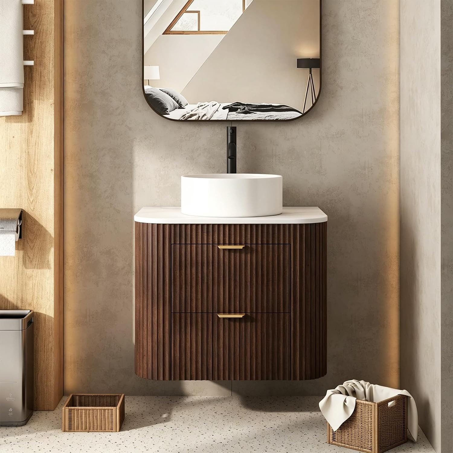 24 Inch Bathroom Vanity W/ Sink Floating Vanity W/ Ceramic Sink Combo Fluted