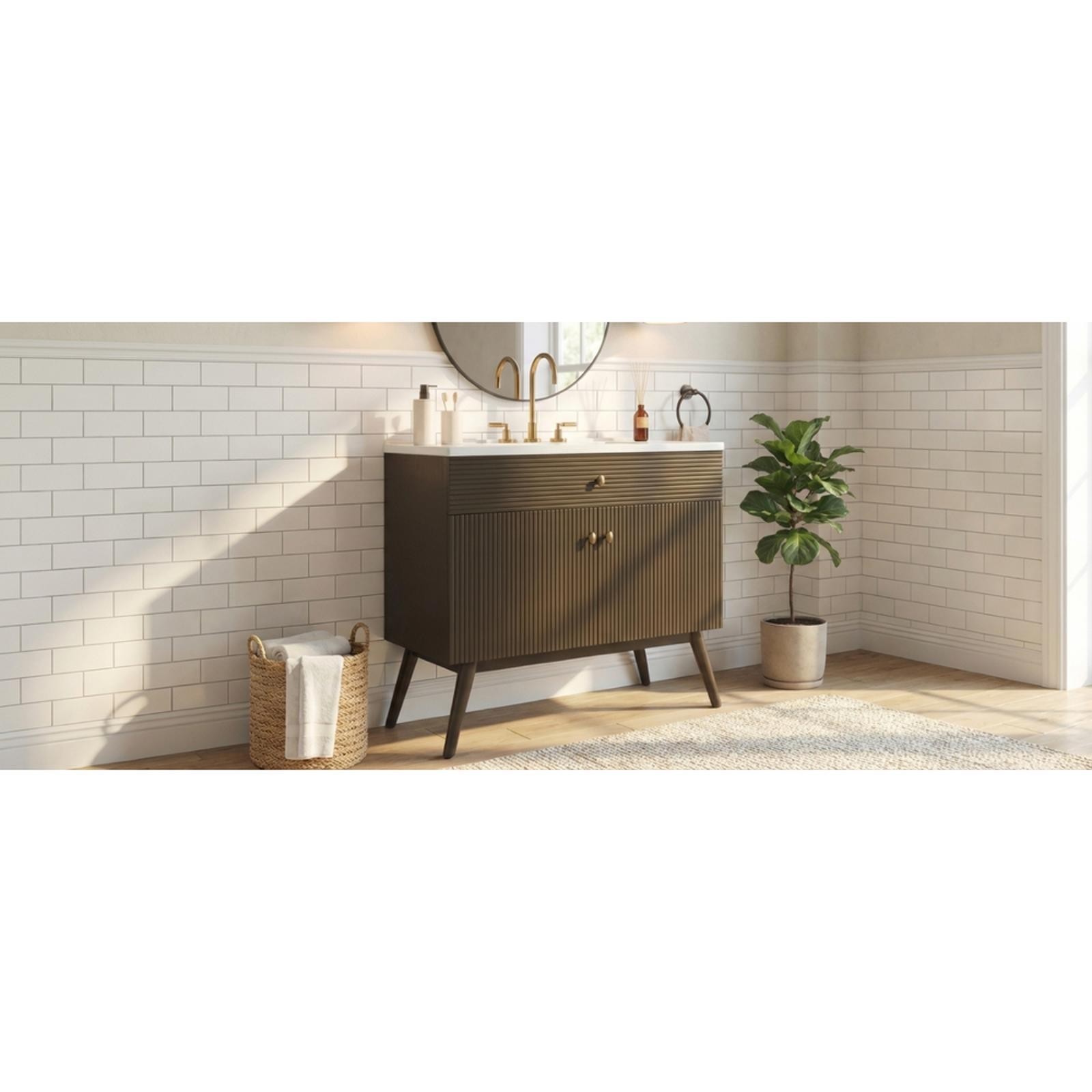 36-Inch Dark Brown Luxury Bathroom Vanity with Striped Design,