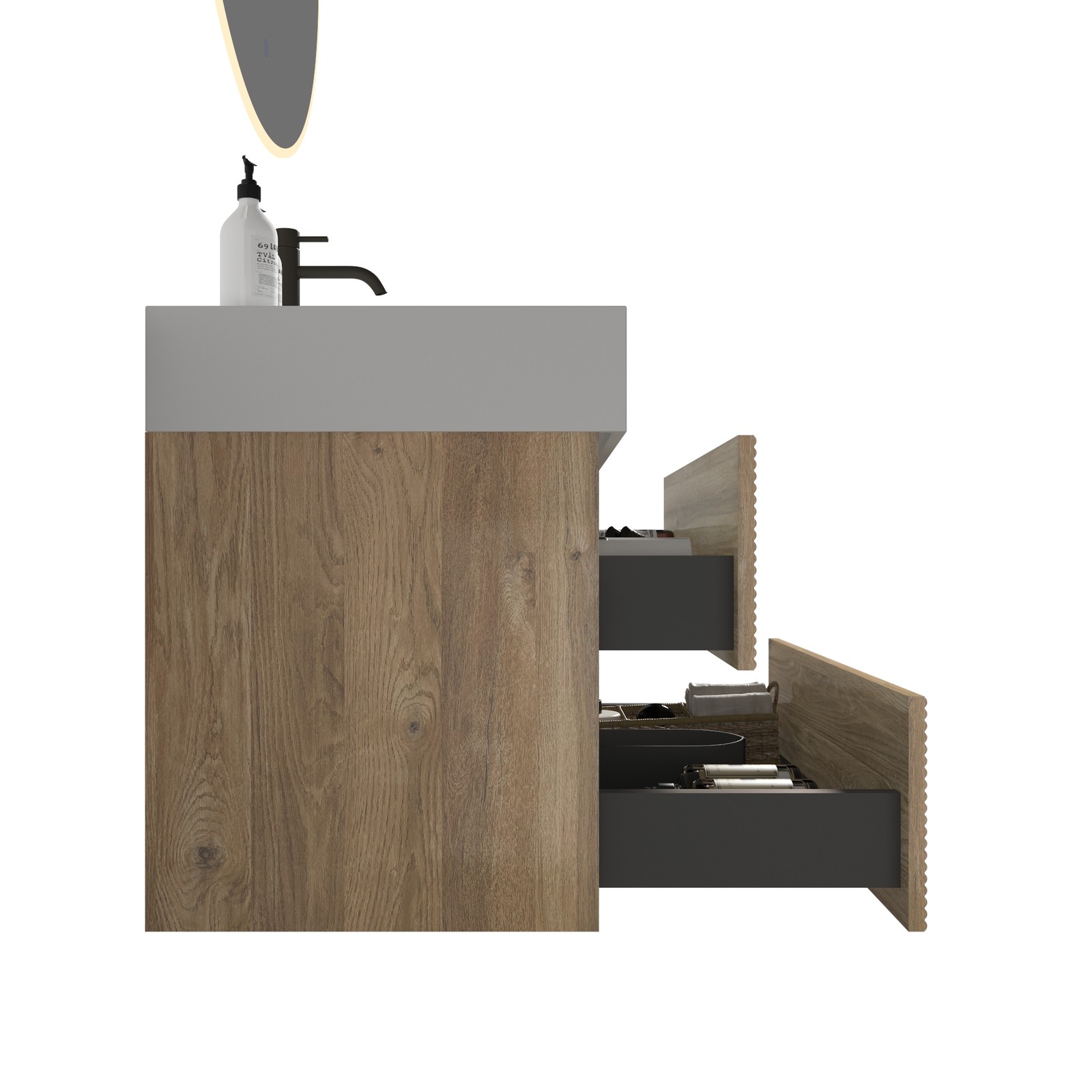 30″ Rough Oak Floating Bathroom Vanity with White Sink & Drawers