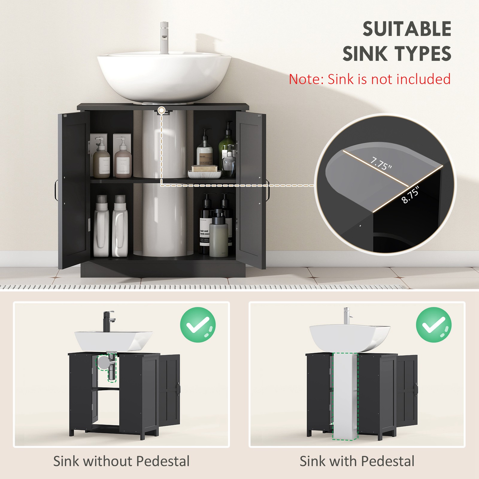 Sink Cabinet, Pedestal Sink Cabinet with Adjustable Shelf, Black