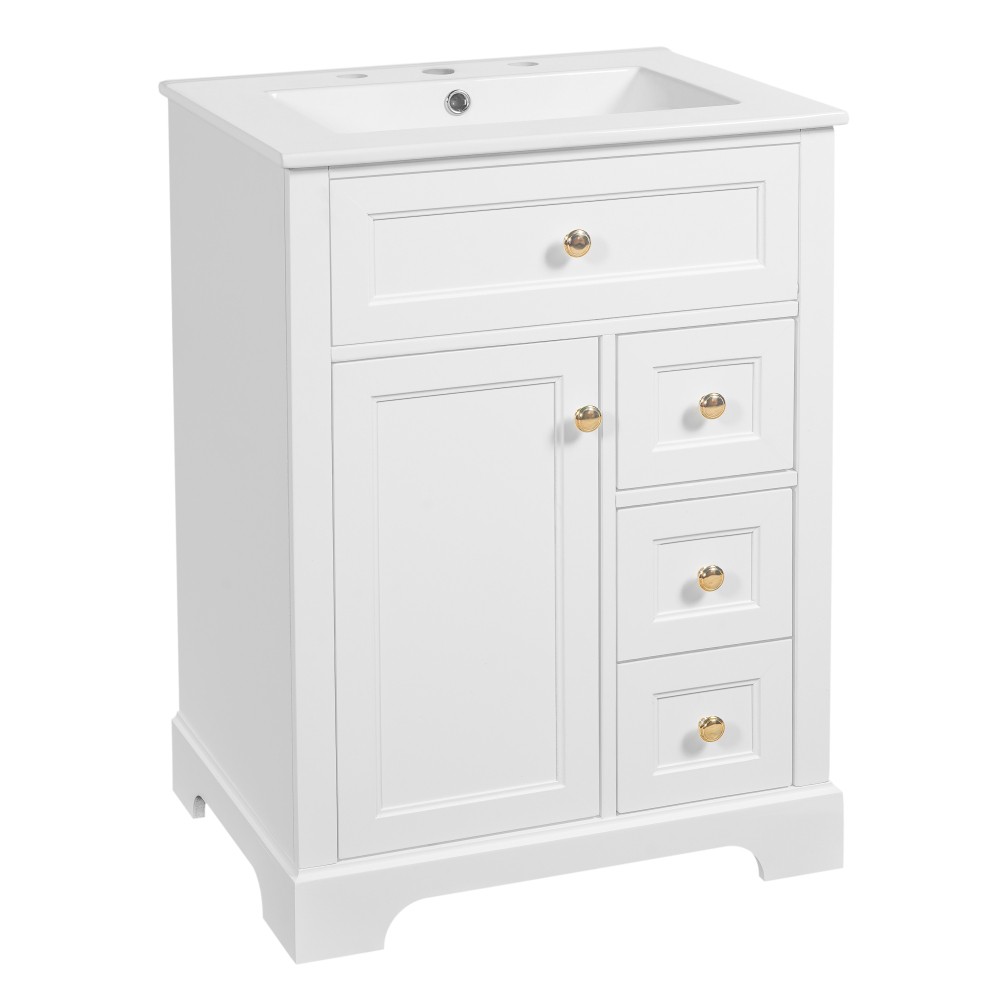 24 in White Bathroom Vanity with Sink MDF & Pinewood Construction 3 Drawers