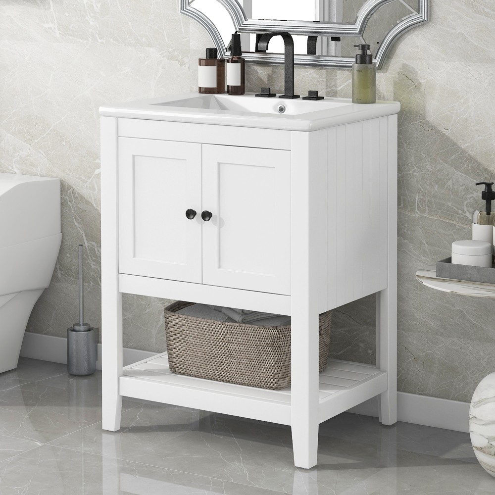 24″ White Bathroom Vanity w/Ceramic Sink & Solid Wood Frame