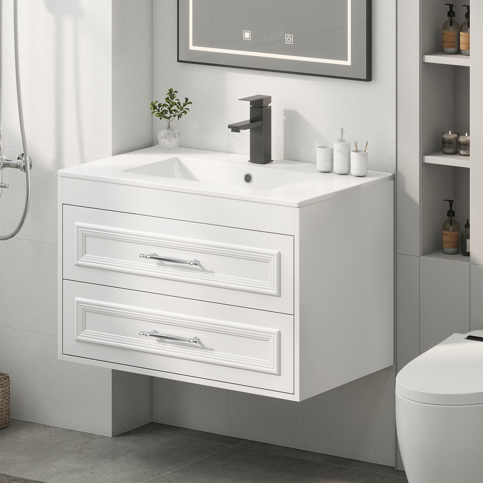 Modern Wall Mount Vanity Set with Ceramic Sink & Soft-Close Drawers, Floating