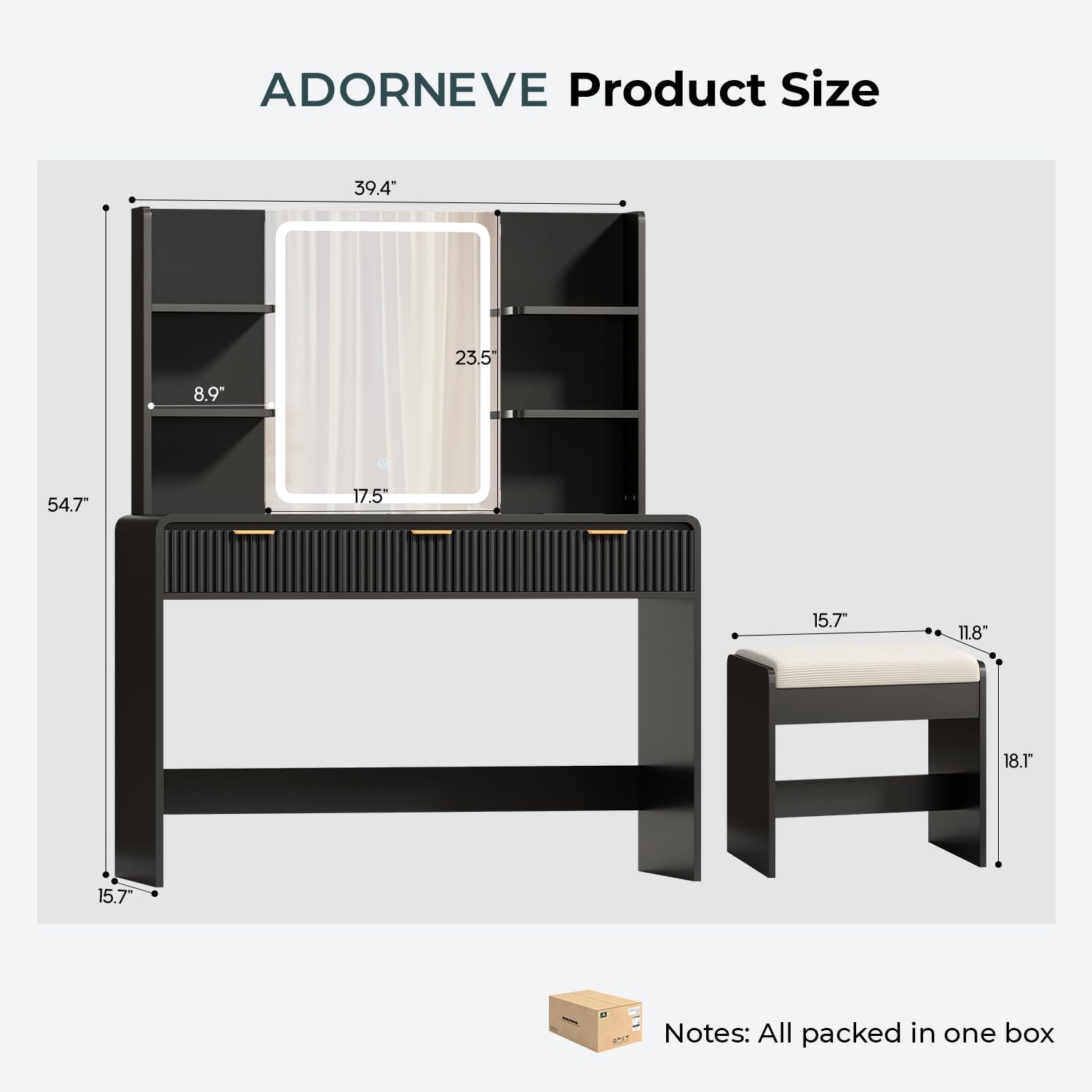 Fluted Vanity Desk with Mirror & Lights, Stool, Power Outlet Black