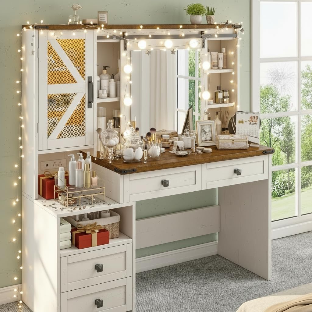 Makeup Vanity Desk Sliding Mirror Lights Antique White 4 Drawers RGB Cabinets