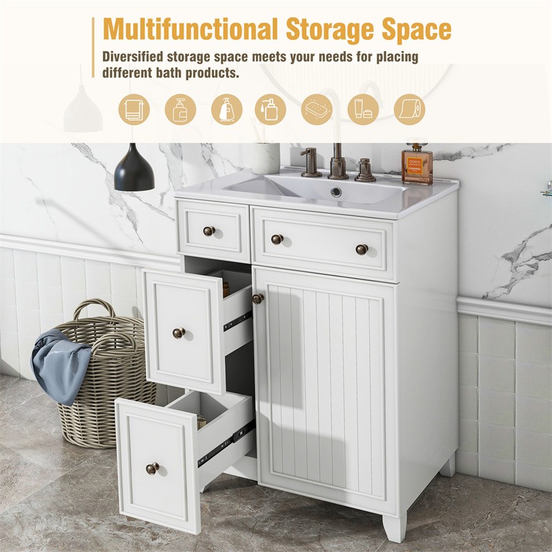 24″ White Bathroom Vanity Cabinet with Ceramic Sink,2 Drawers,1 Soft-Close Door