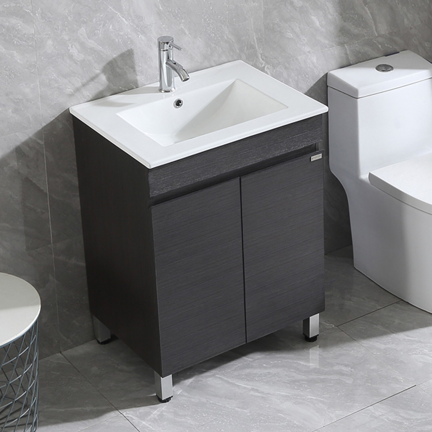 24″ Single Bathroom Vanity Wood Grain Cabinet with Ceramic Sink Faucet Combo Set