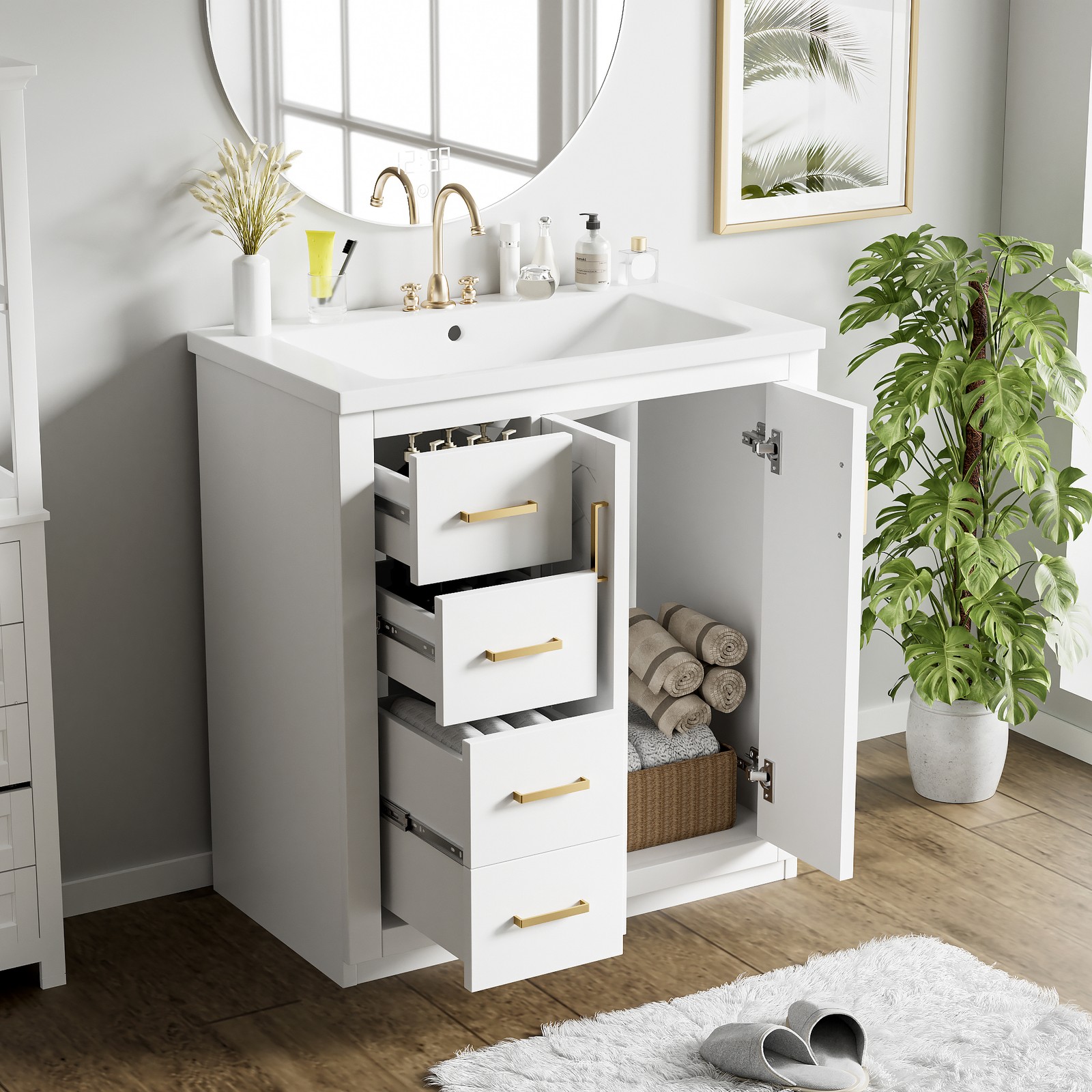 30” Bathroom Vanity with Ceramic Sink Combo,Solid Wood Frame Bathroom Cabinet