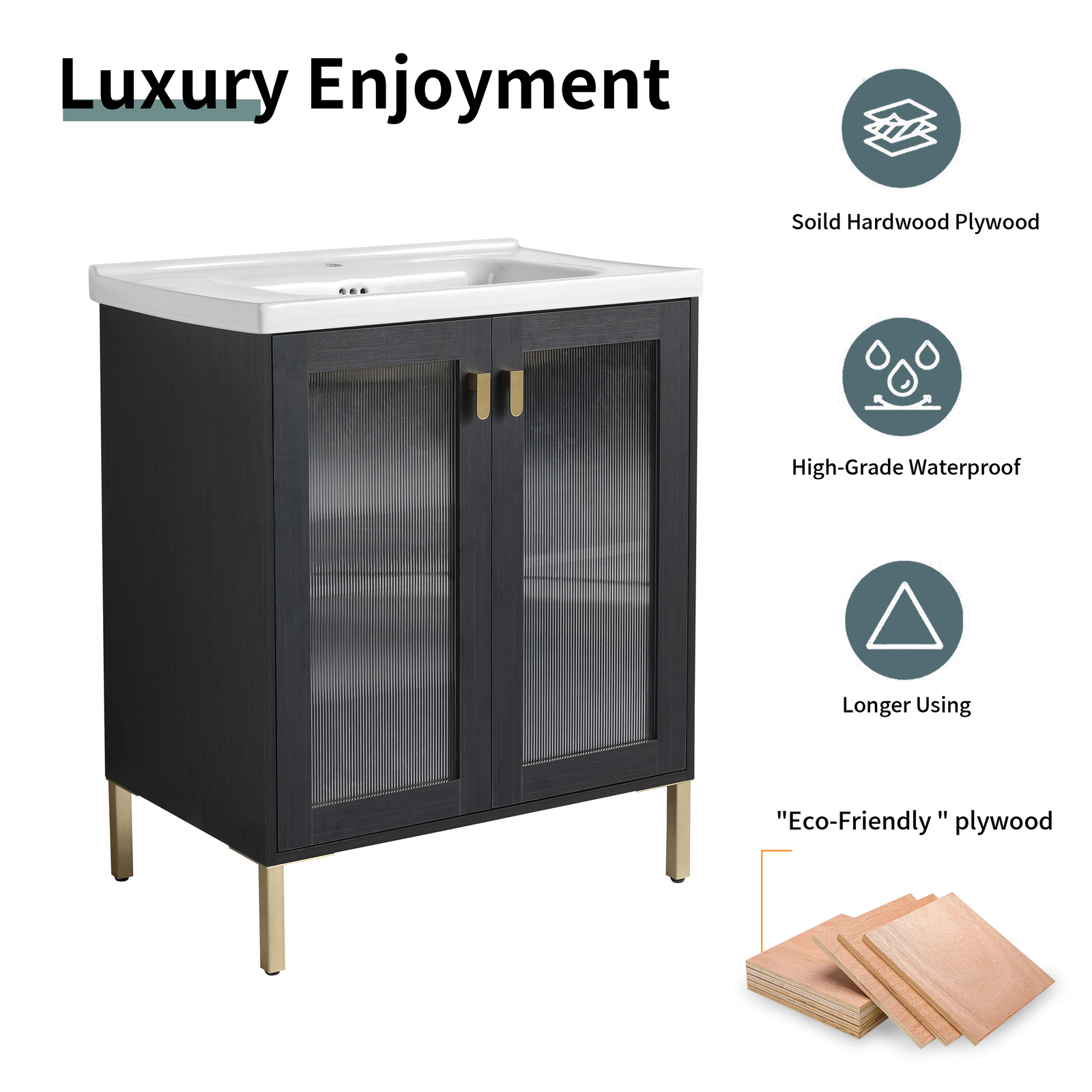 28″Wood Freestanding Bathroom Vanity Cabinet Ceramic Sink Basin Black Metal Legs