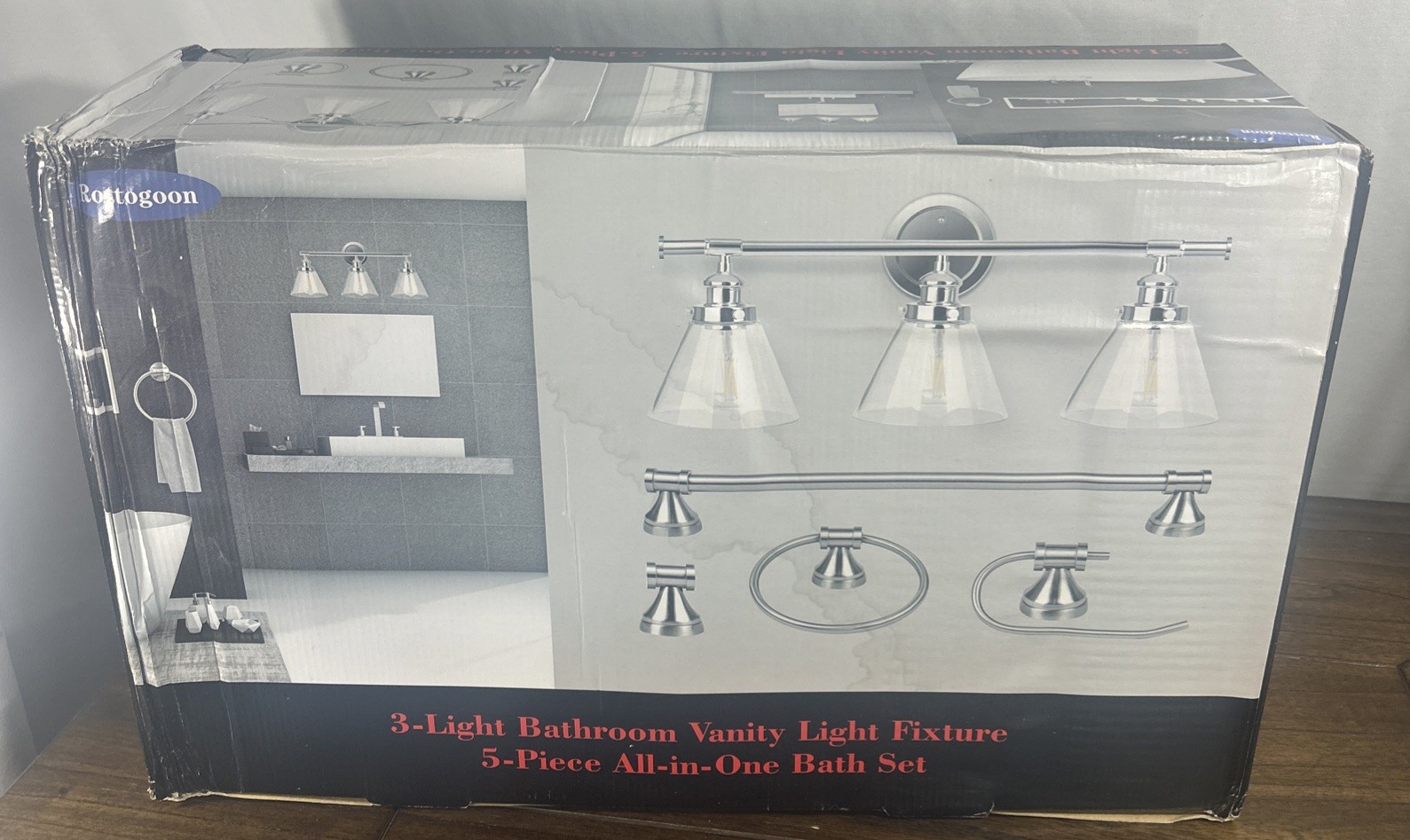 Rottogoon 5-Piece Bathroom Vanity Set w/ 3-Light Fixture Chrome Glass
