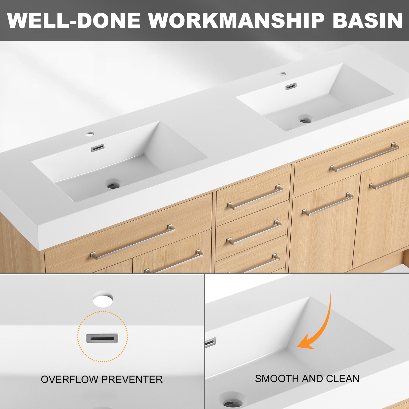 72 in Plywood Bathroom Vanity Freestanding W/Double Resin Sink+4 Doors 6 Drawers
