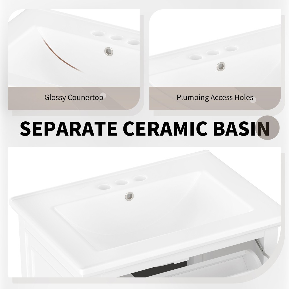 24 Inch White Bathroom Vanity with Ceramic Sink Solid Wood MDF Cabinet