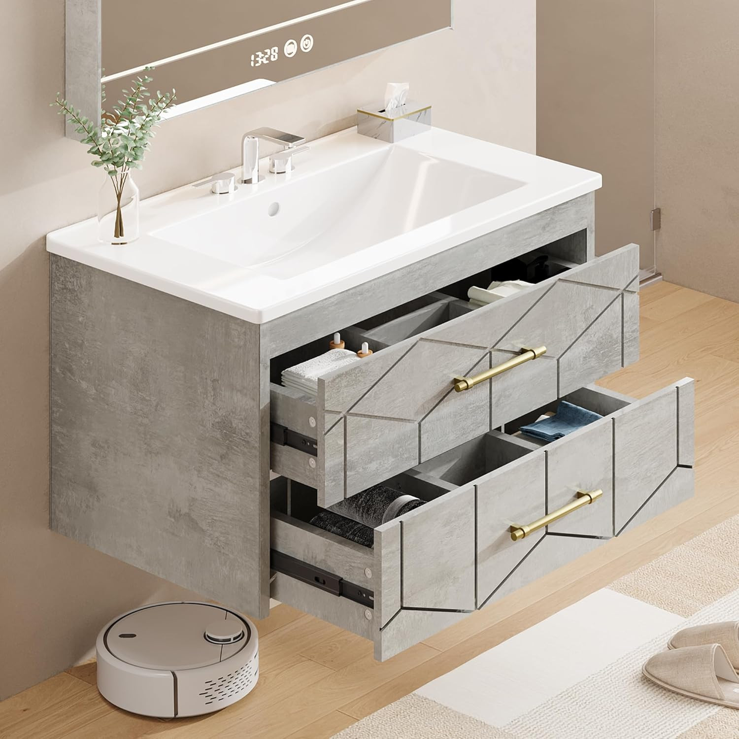 Floating Bathroom Vanity with Sink 24 Inch, Modern Bathroom Sink Cabinet, Cerami