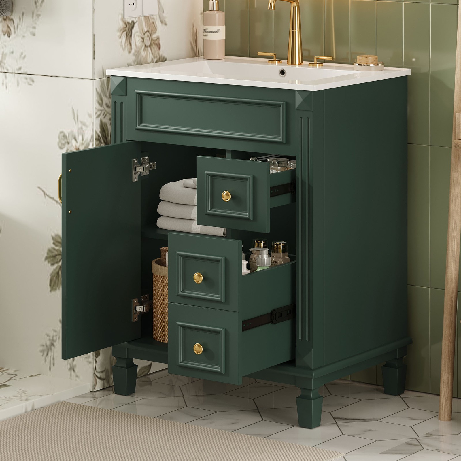 24″ Bathroom Vanity w/Ceramic Sink, Small Bathroom Sink Cabinet with 2 Drawers