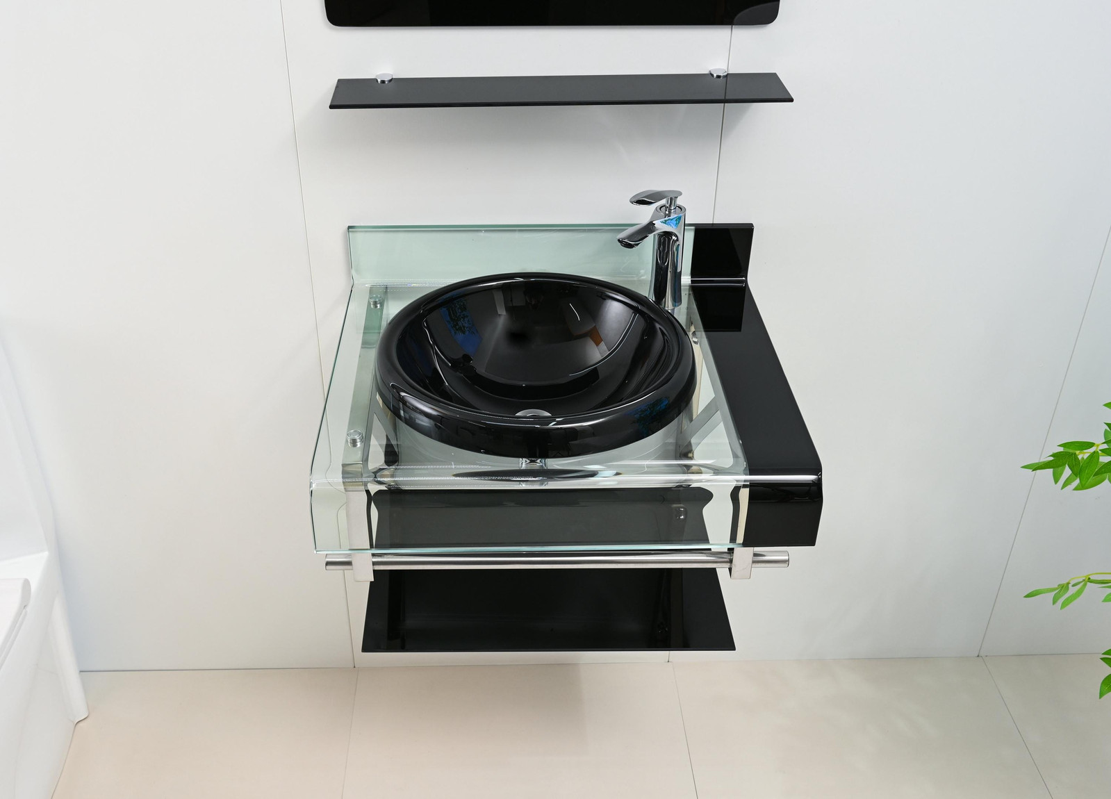 24″ Black Tempered Glass Bathroom Vanity set Floating Sink Mirror Shelves combo