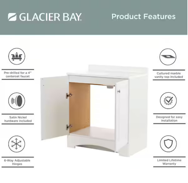 Glacier Bay 31″ Single-Sink Vanity – White with White Cultured Marble Top