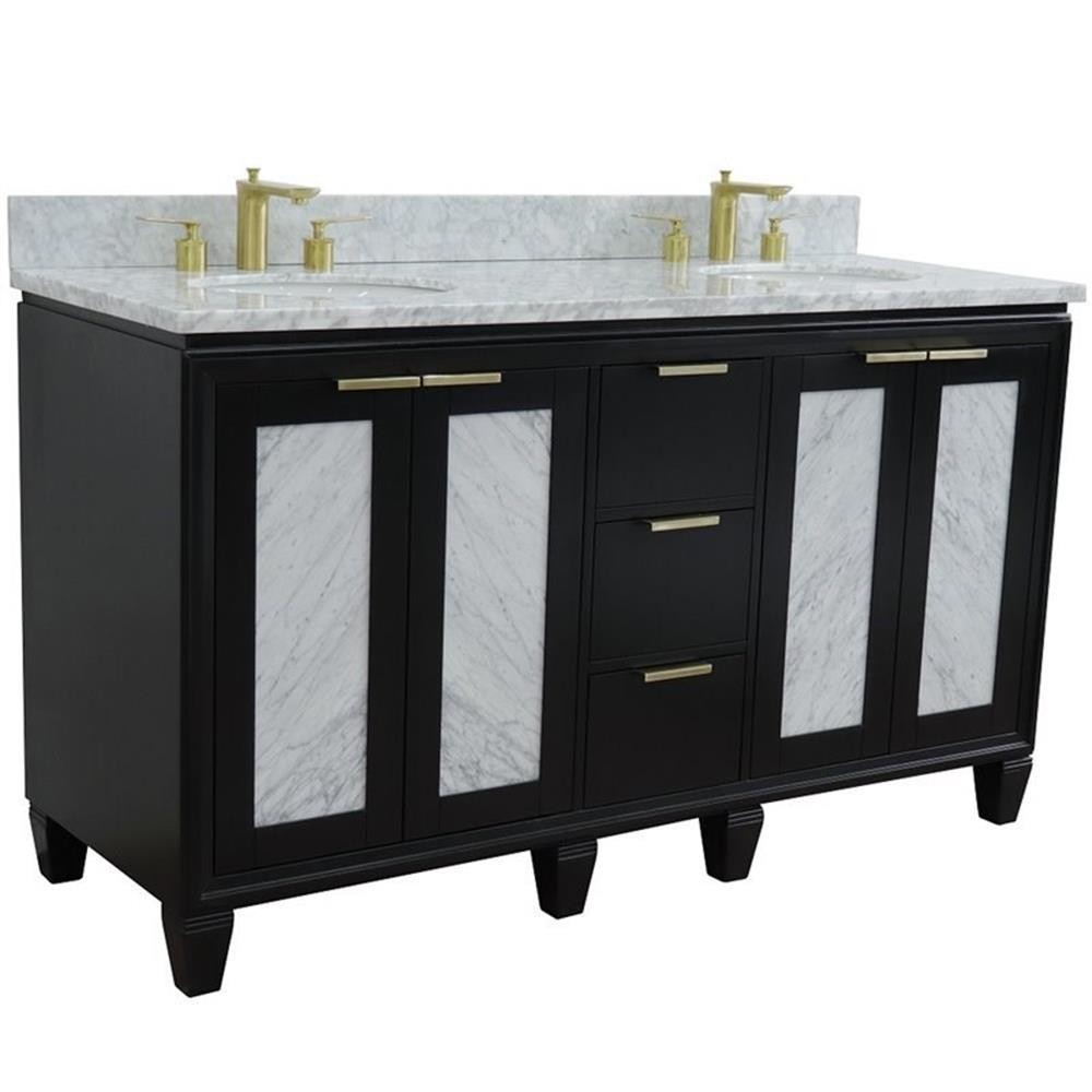 Pemberly Row 61″ Double Oval Sink Solid Wood Vanity in Blue/White Carrara