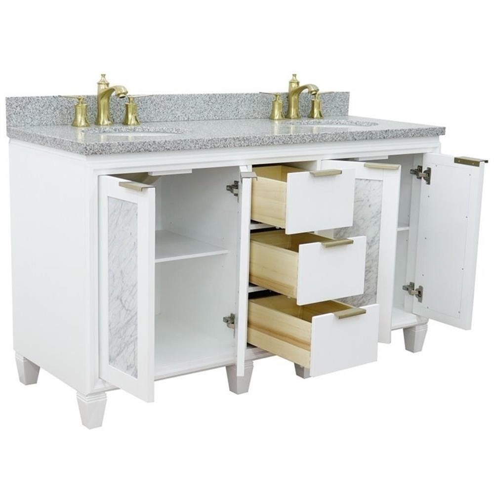 Pemberly Row 61″ Double Oval Sink Solid Wood Vanity in White/Gray Granite Stone