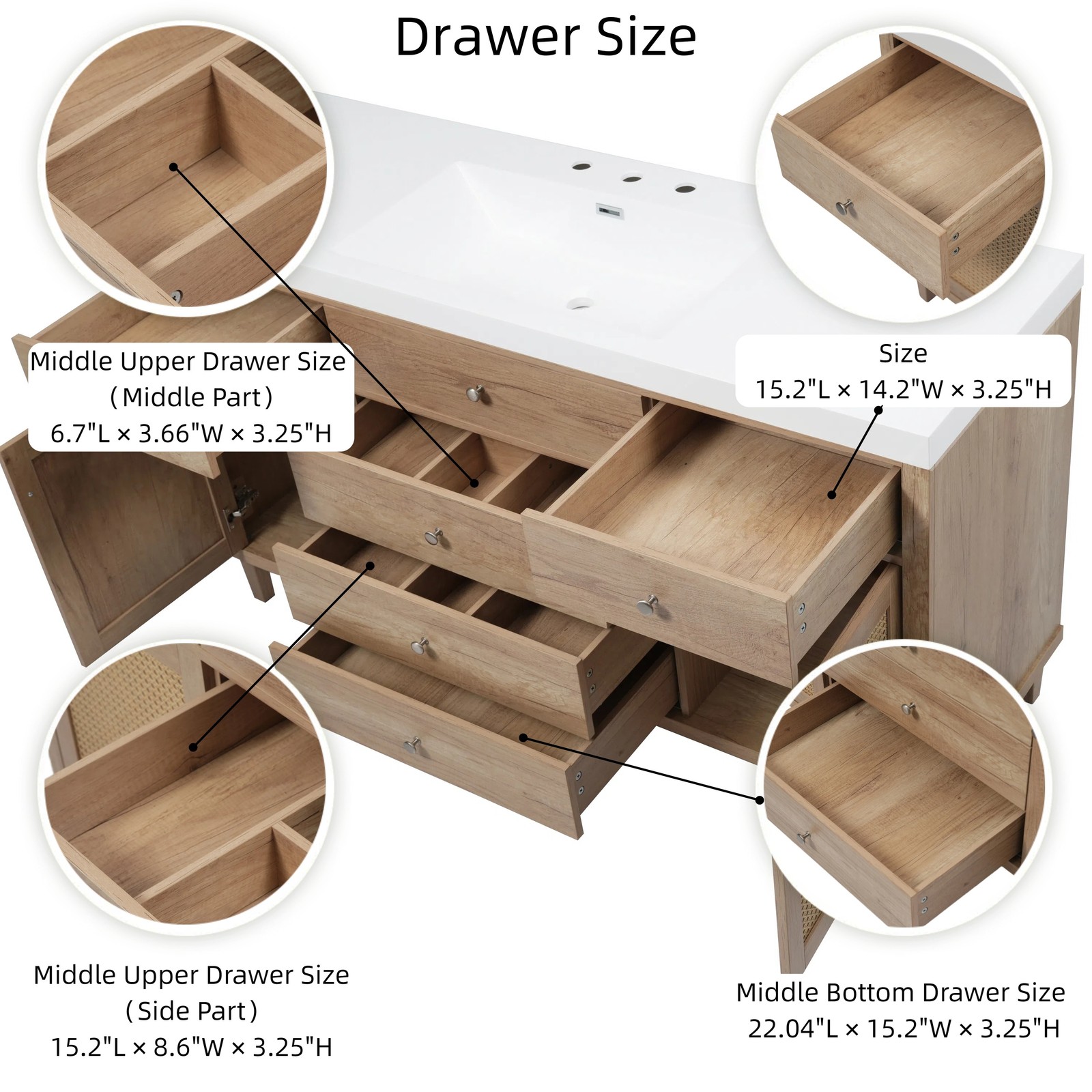 60″ Wooden Bathroom Vanity Cabinet with SMC Sink Storage Drawers Rattan Doors