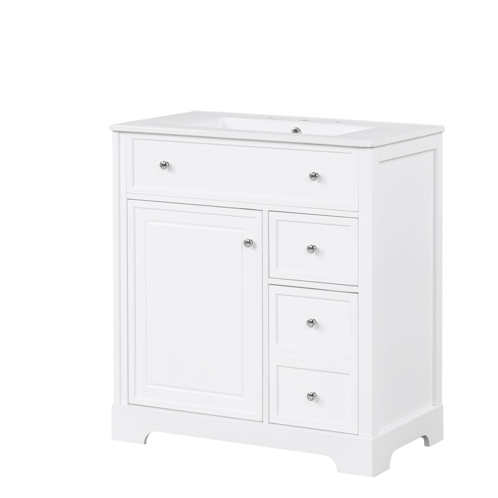 30 Inch White Bathroom Vanity with Ceramic Sink Top Solid Wood MDF Cabinet
