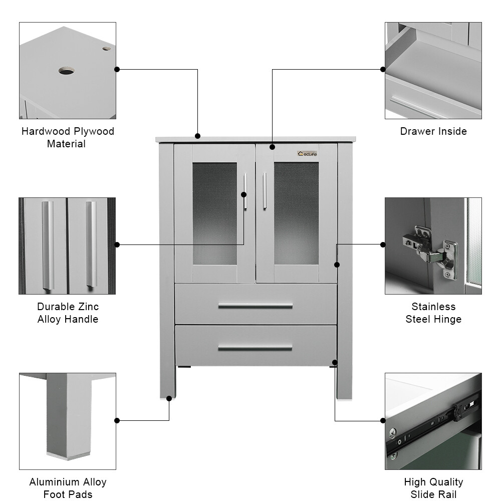 36″ Bathroom Vanity W/Glass Vessel Sink Set Faucet Mirror Cabinet Gray Combo