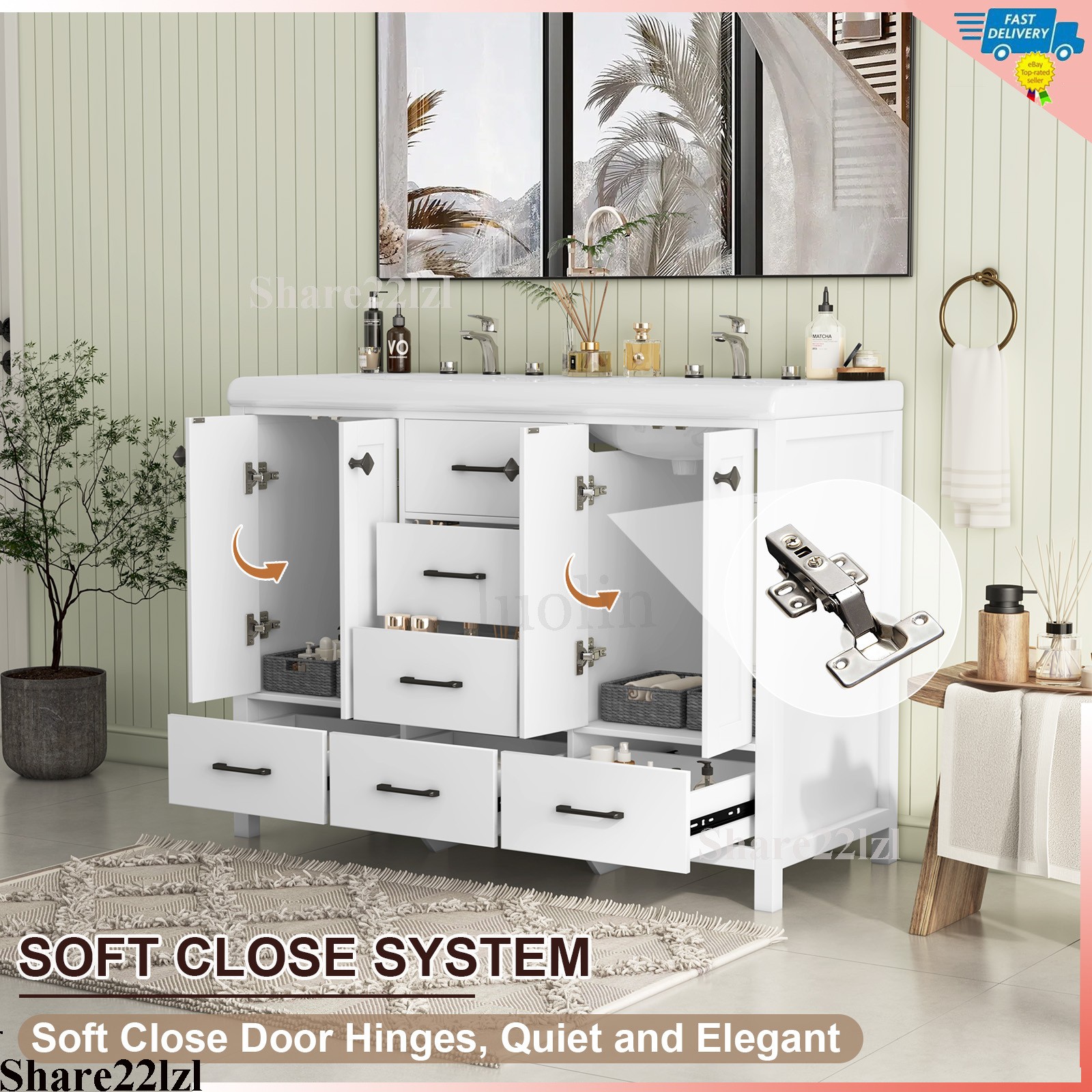 47″ Double Bathroom Vanity Wood Cabinet with Ceramic Sink Combo Set Freestanding