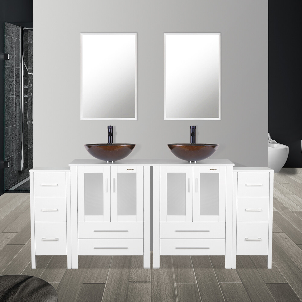 72″ Bathroom Vanity Set White Small Cabinet Combo W/ Vessel Glass Sink No Mirror